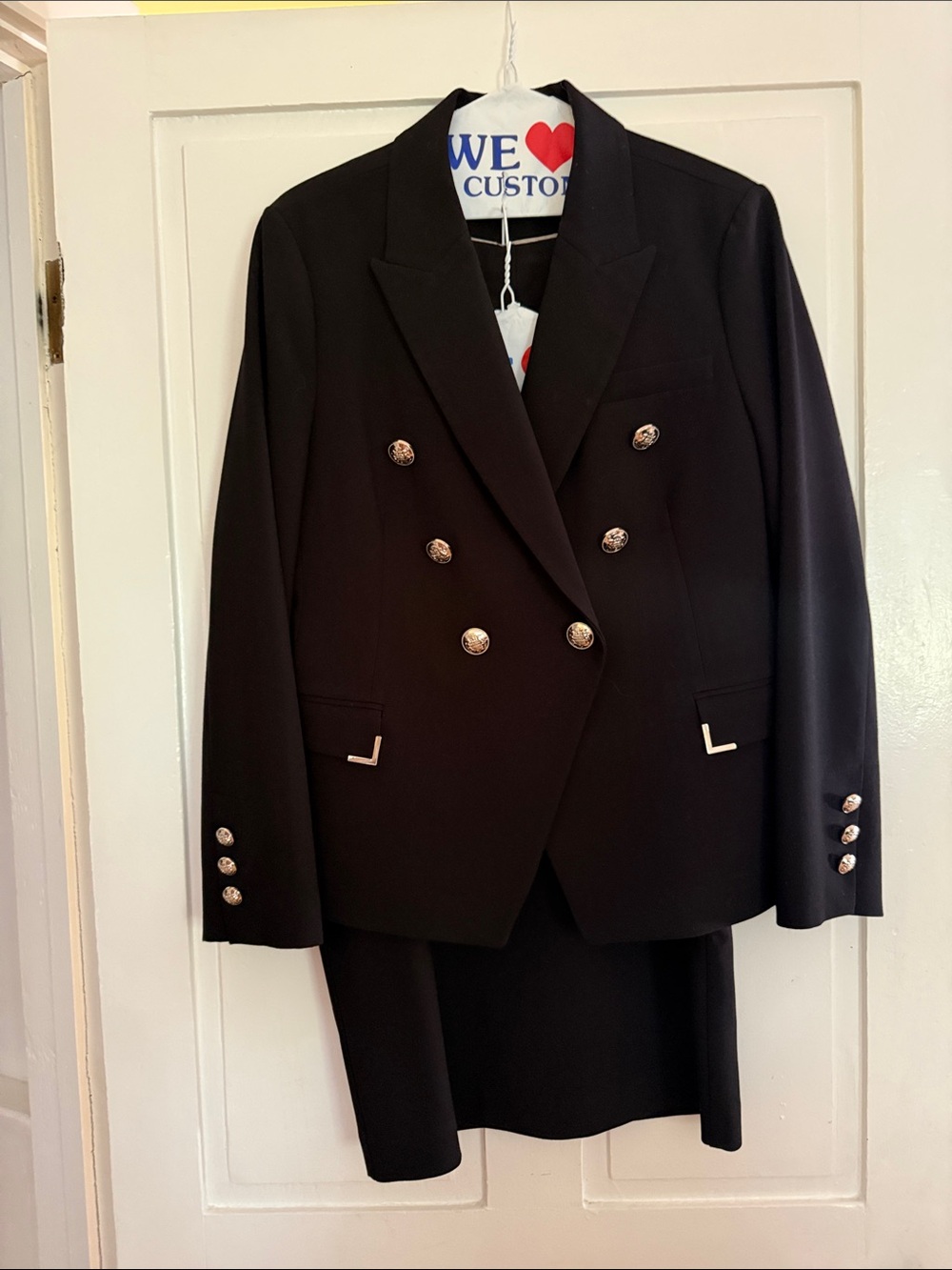 Skirt suit! Double-Breasted Black Blazer with silver Buttons